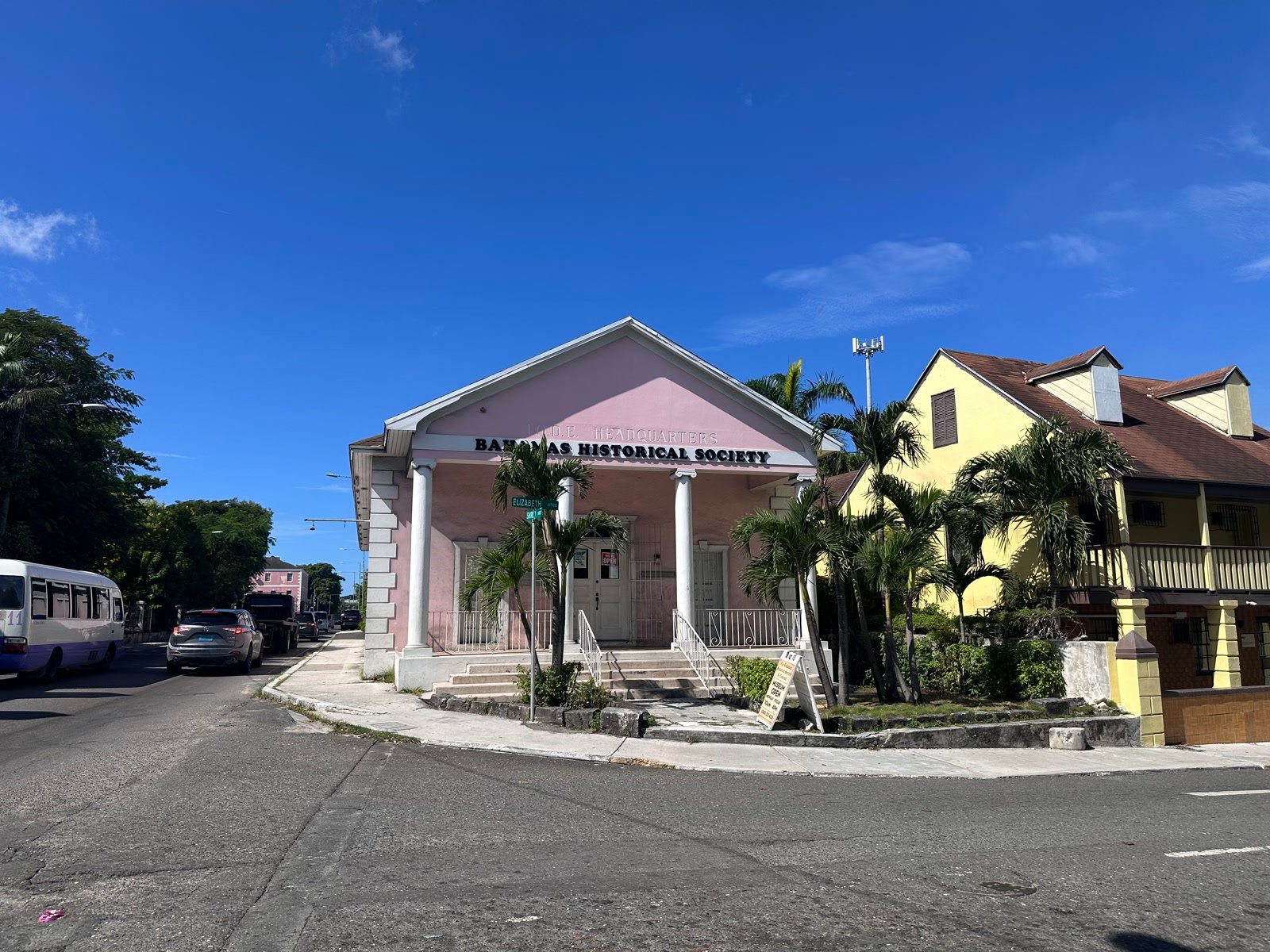 Pink Bahamas Historical Society building at Elizabeth Avenue and Shirley Street