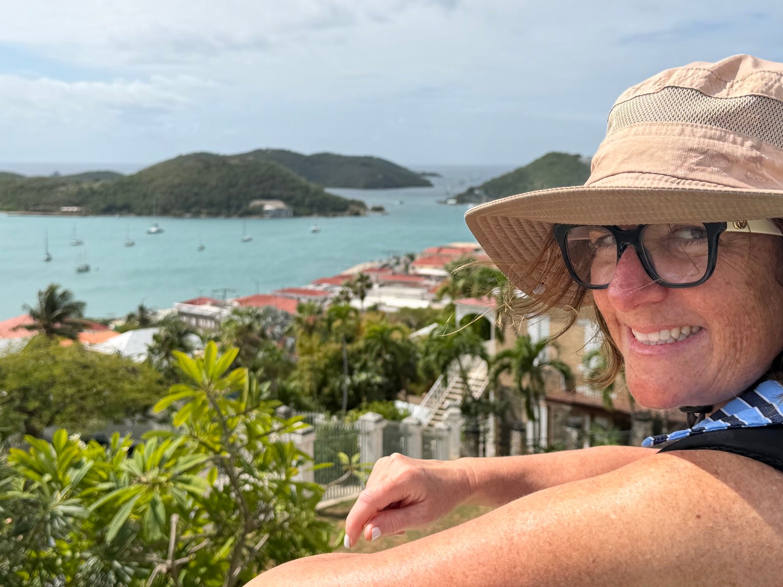 View of the harbor and red-roofed town in St. Thomas