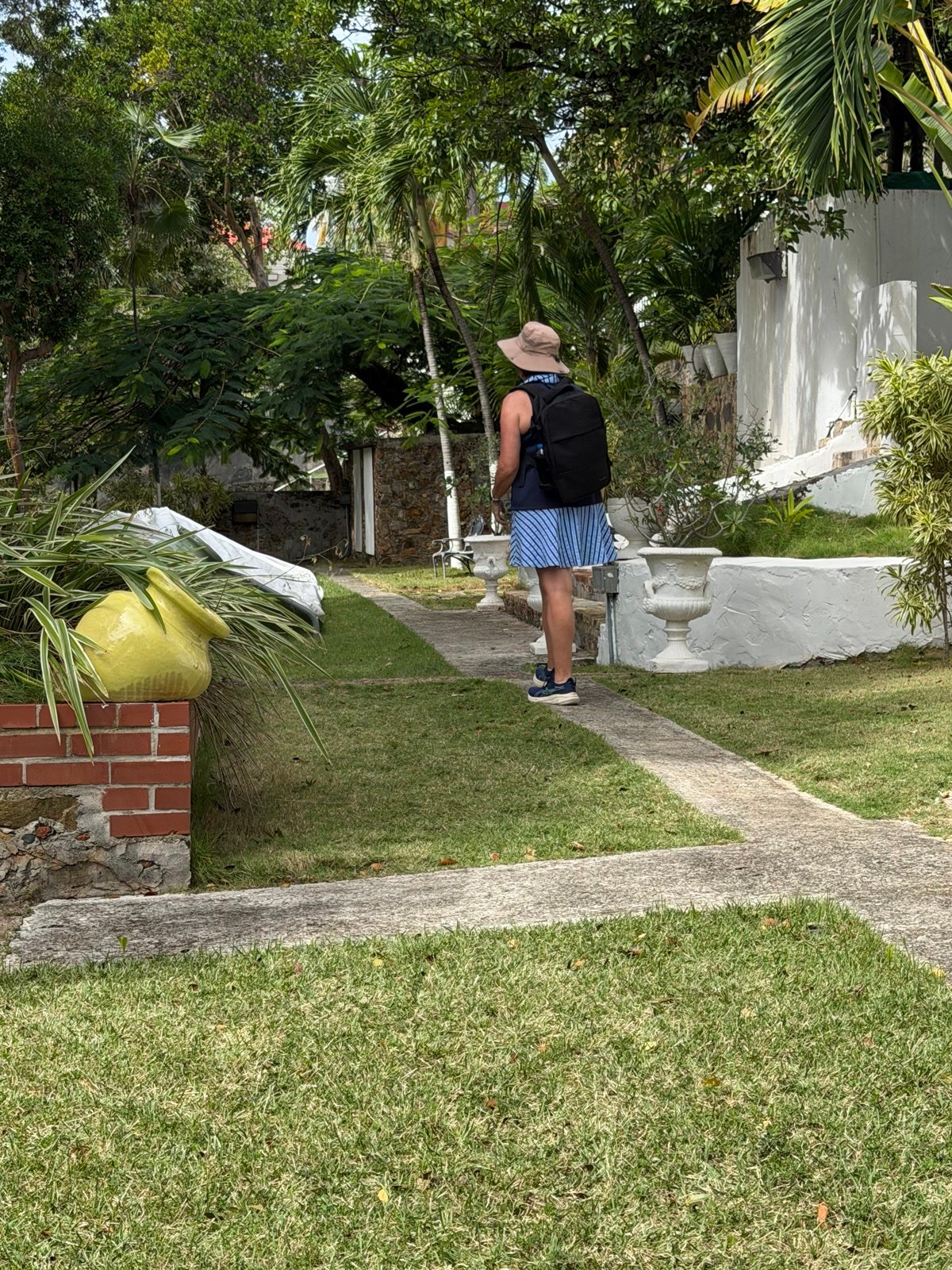Walking a garden path through tropical greenery in St. Thomas