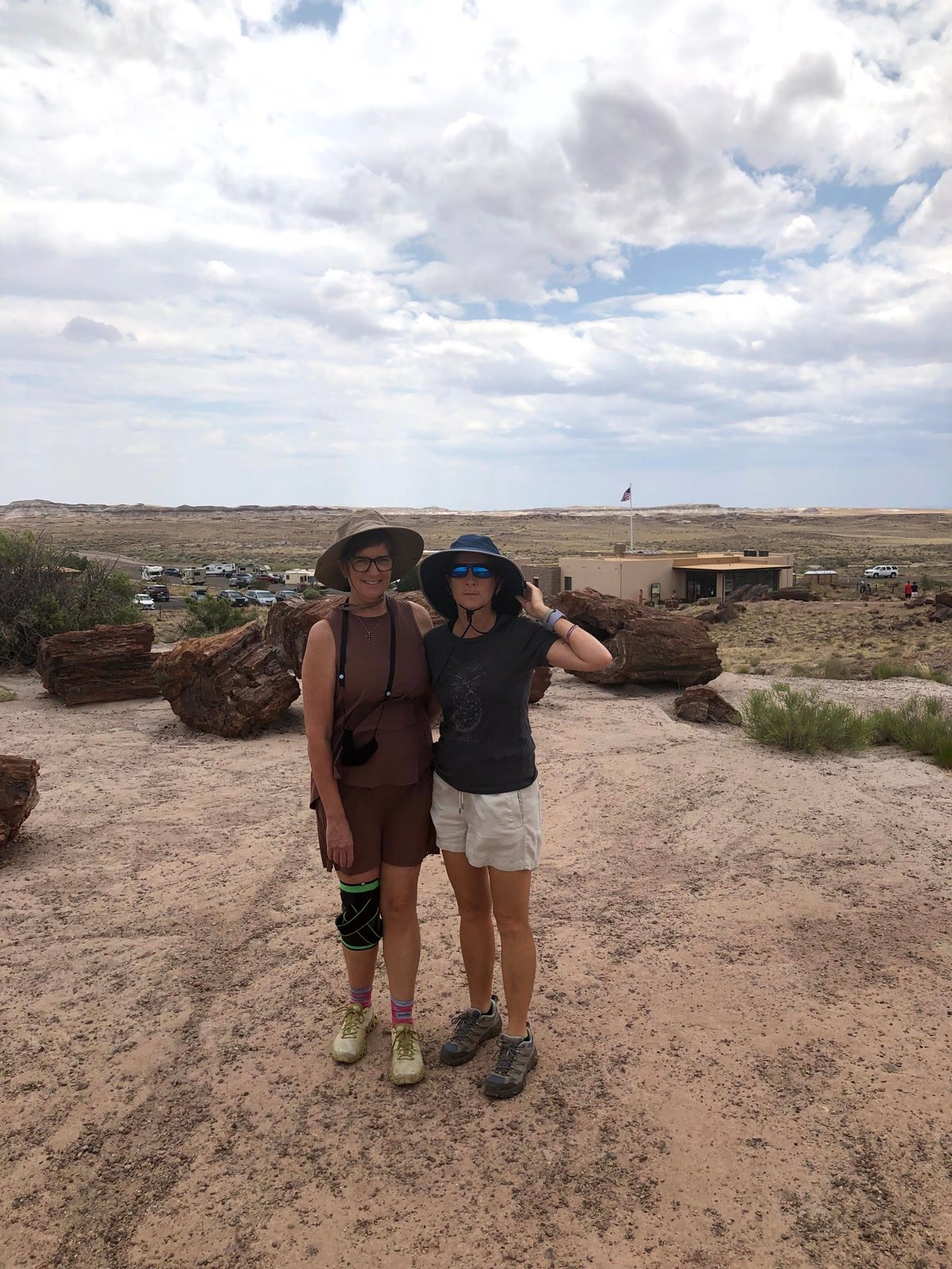 Leslie and Tracey Bryant standing by petrified logs near the visitor center