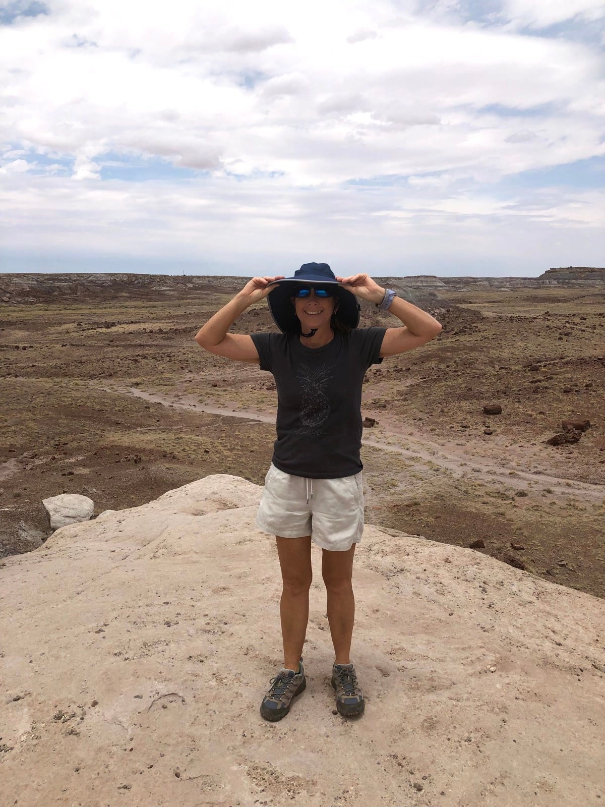Tracey Bryant on a rock overlook at Petrified Forest