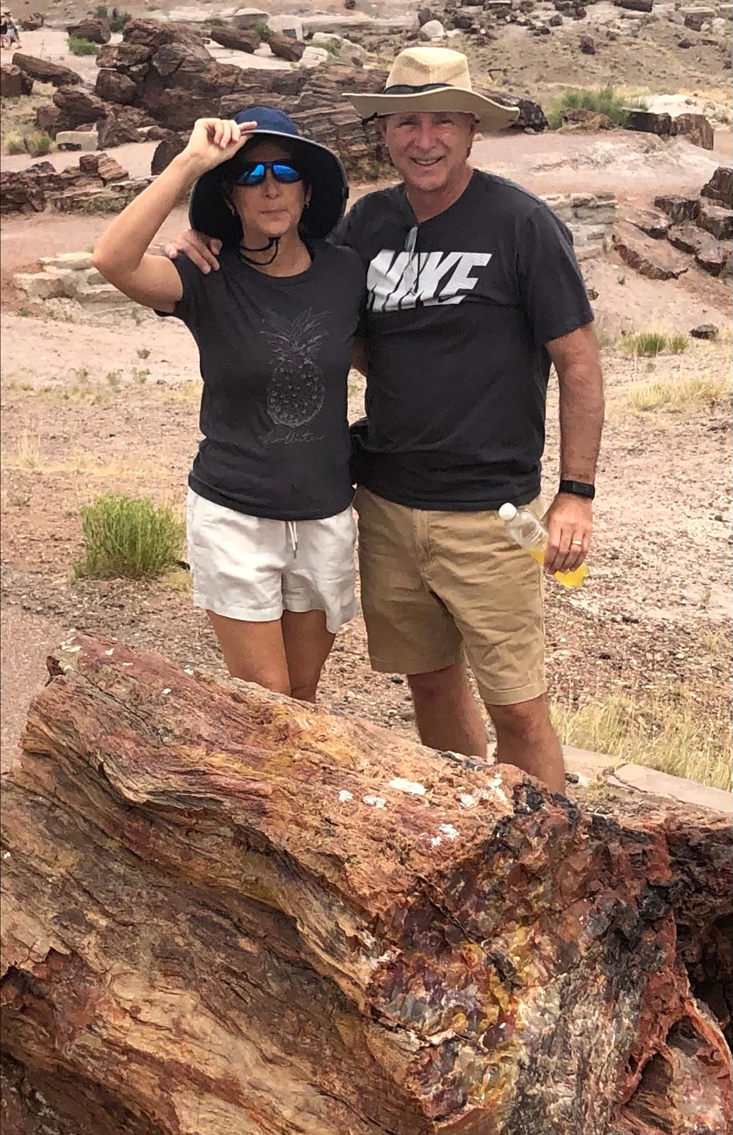 Friends posing behind a large petrified log