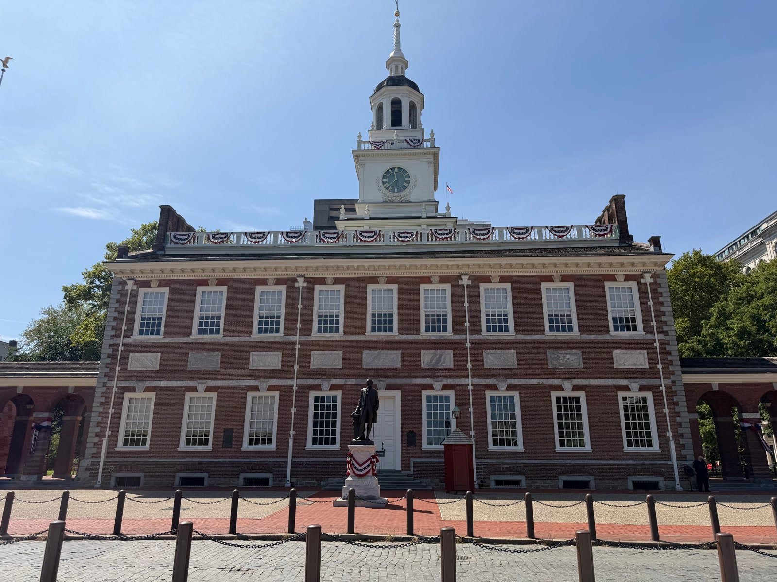Independence Hall with patriotic bunting in Philadelphia