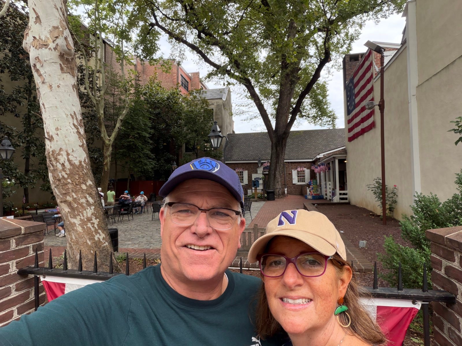 Chuck and Leslie at the Betsy Ross House courtyard in Philadelphia