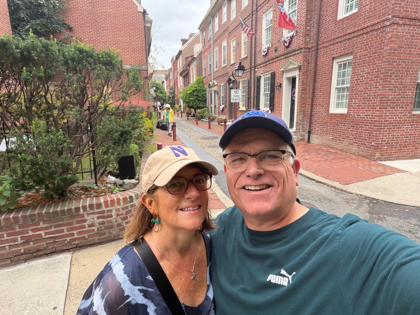 Chuck and Leslie on a cobblestone street in historic Philadelphia