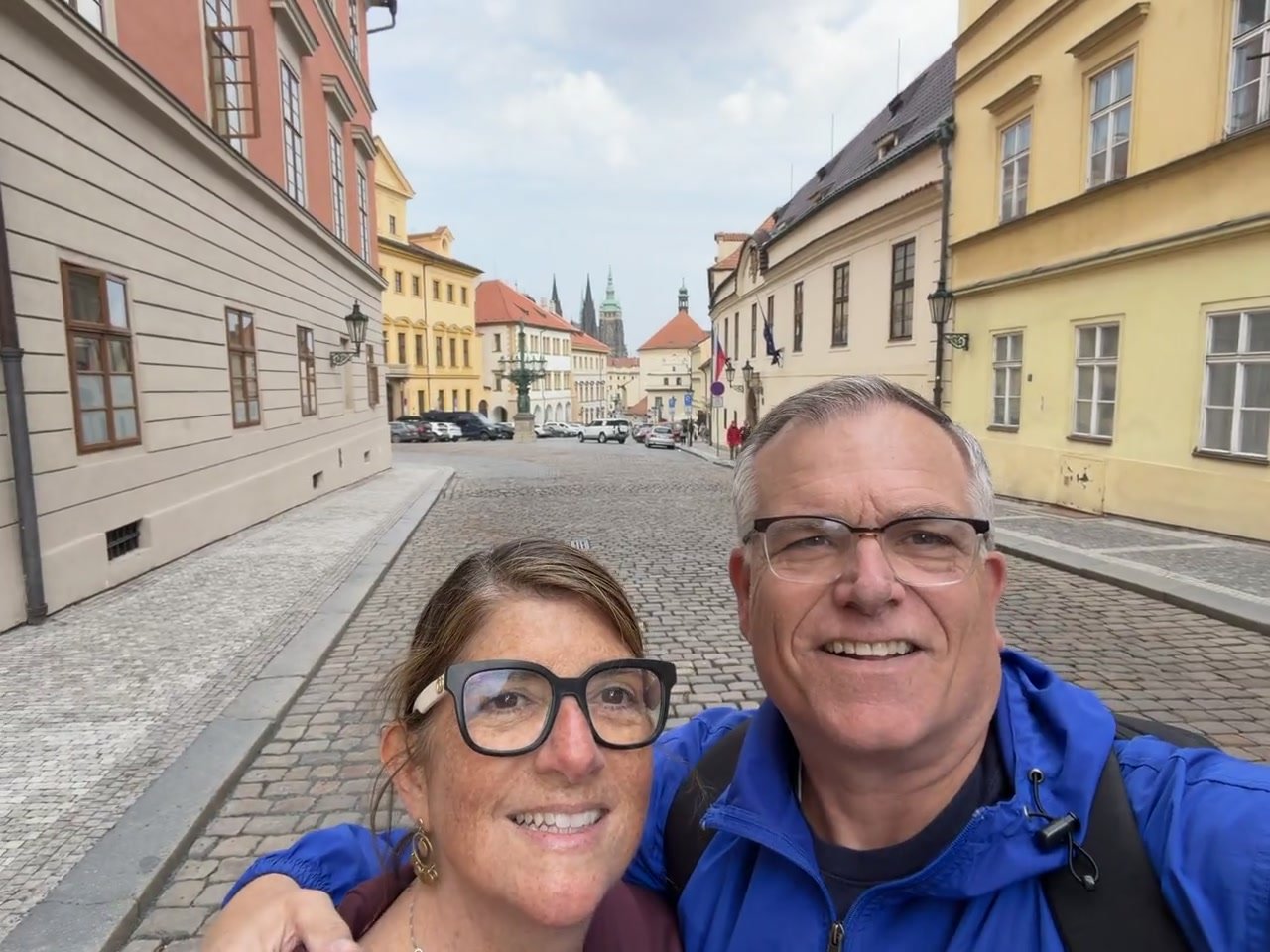 Selfie on a cobblestone street in Prague